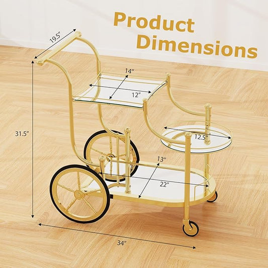 DORTALA Rolling Serving Cart, 3-Tier Metal Bar Cart with Tempered Glass, 4 Wheels Tea Serving Bar Cart for Livingroom, Kitchen, Gold