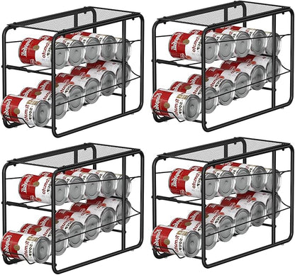 4 Pack Soda Can Organizer, Stackable Metal Can Dispenser for Pantry, Automatic Rolling Canned Food Organizer for Cabinet and Countertop, Black.