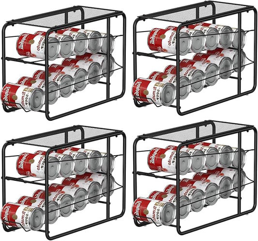 4 Pack Soda Can Organizer, Stackable Metal Can Dispenser for Pantry, Automatic Rolling Canned Food Organizer for Cabinet and Countertop, Black.