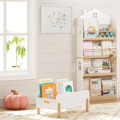 UTEX Montessori Bookshelf for Kids, Wooden Book Shelf for Kids Rooms, Toddler Book Caddy with Adjustable Divider, Floor Book Display, Baby Book Rack for Classroom Nursery