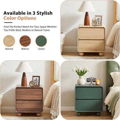 Small Night Stand Set of 2, Mid Century Modern Nightstands with 2 Drawers and Solid Wood Legs, 2 Drawer Dresser Curved Profile Design End Table Side Table for Small Space, Dorm, Bedroom(Natural)