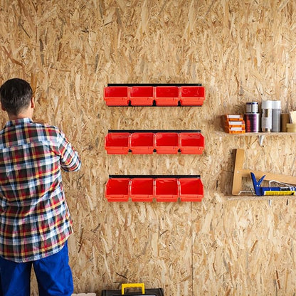 Ultrawall Wall Mounted Storage Bins, Plastic Hanging Storage Organizer Bins, Garage Tool Storage System for Screws, Nuts, Bolts, Nails, and Small Hardware Parts, 12x bins & 3 x rails, Orange