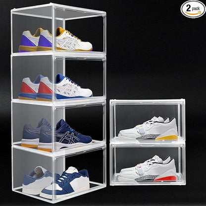 3BBYJL 2 Pack Plastic Shoe Storage Boxes Fit US Size 13, Clear Stackable Shoe Display Case with Magnetic Acrylic Door, Shoe Containers for Sneaker Storage, Hats, Figure, Collectible