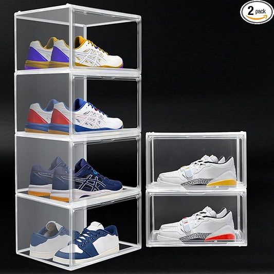 3BBYJL 2 Pack Plastic Shoe Storage Boxes Fit US Size 13, Clear Stackable Shoe Display Case with Magnetic Acrylic Door, Shoe Containers for Sneaker Storage, Hats, Figure, Collectible