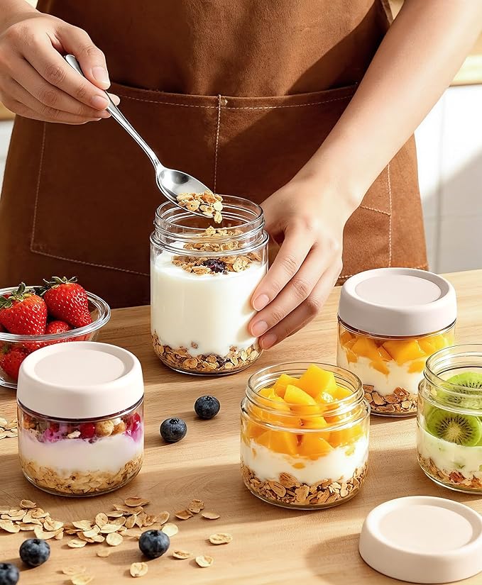 6 pack 16 oz Overnight Oats Containers with Lids and Spoons Glass Jars with Airtight Lids: Wide Mouth Mason Salad Jars, Leakproof and Reusable Glass Food Storage Container for Yogurt Snacks Spice