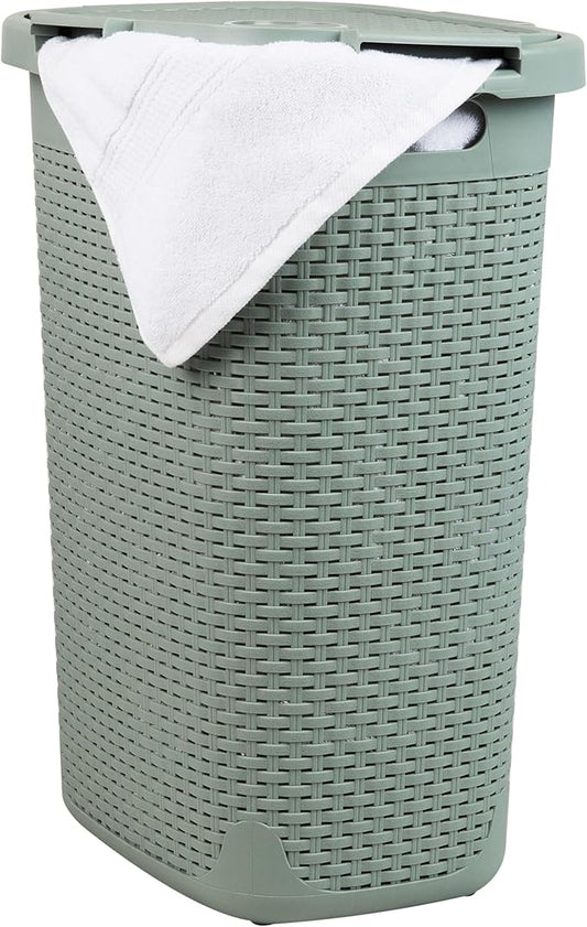 Mind Reader Slim Laundry Hamper with Lid, 60L Clothes Basket, Premium Wicker Design, Plastic, Mint
