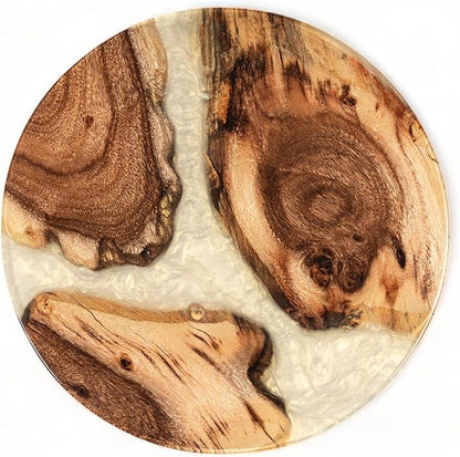 Handmade Reversible 16" Wood and Epoxy Resin Lazy Susan, Turntable for Kitchen Countertop, Rotating Display Stand, Organizer and Storage for Dining Table, Cup Board, Home Decor (Cream/Yellow)