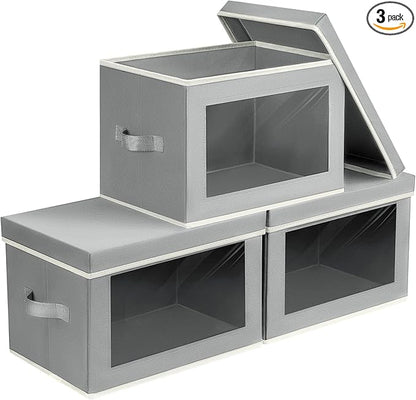 Storage Bins, Storage Baskets for Shelves with Window, Fabric Storage Bins with Handle, Foldable Storage Cubes Boxes for Organizing for Clothes, Towels, Books, 3 Pack, Grey