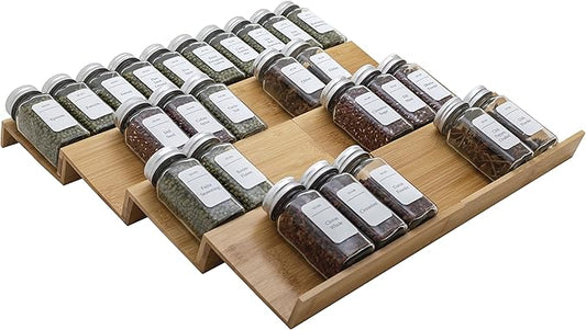 Angimio Bamboo Spice Rack Drawer Organizer - 8 Pieces Set- 9" Wide Per Piece - Combine Pieces Into 18" Wide Rack (9" or 18")