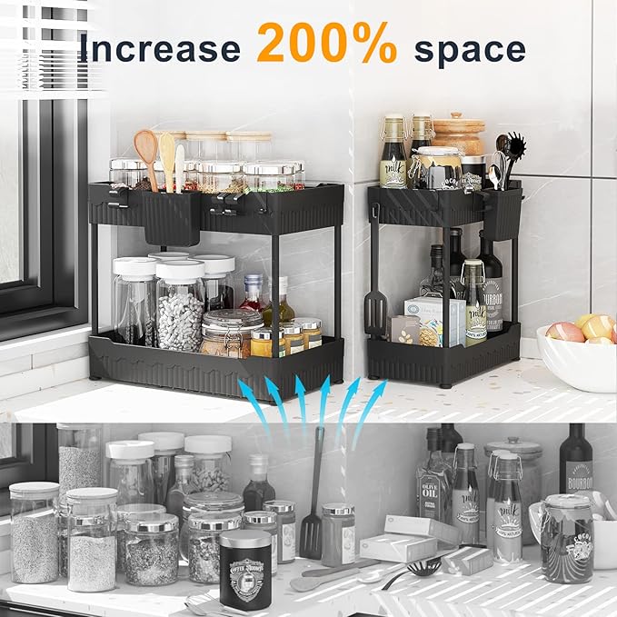 4 Pack Under Sink Organizer, Under Bathroom Cabinet Organizer with Hooks Hanging Cup, Multi-Purpose Storage Shelf for Kitchen Bathroom, Black