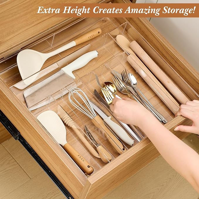 1 Pack Expandable Kitchen Drawer Organizer Clear Acrylic Utensil Organizer Adjustable Acrylic Silverware Storage for Drawers Silverware Flatware Knives (18.5 x 17.4 Inches,9-11 Compartments)