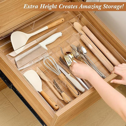 1 Pack Expandable Kitchen Drawer Organizer Clear Acrylic Utensil Organizer Adjustable Acrylic Silverware Storage for Drawers Silverware Flatware Knives (18.5 x 17.4 Inches,9-11 Compartments)