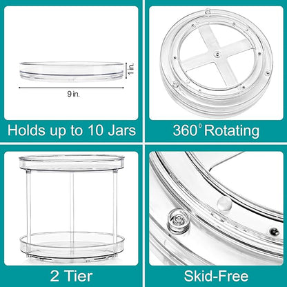 Sorbus 9 Inch 2 Tier Clear Lazy Susan Organizer, Turntable Organizer for Spice Organization for Cabinet, Lazy Susan Turntable for Kitchen, Home, Office, Closet, Laundry Room Organization (2 Pack)