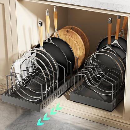 Pull Out Pots and Pans Organizer Under Cabinet, Expandable Sliding Lid Holder and Pan Rack for Kitchen, Slide Out Inside Cabinet for Pot Lid, Bakeware, Dishes, 10 Adjustable Dividers, 2 Pack Black
