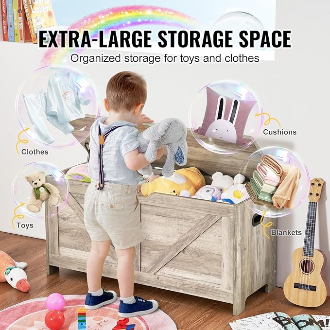 VEVOR Wooden Toy Chest for Kids, Toddler Toy Storage Box with Flip-Top Lid and Safety Hinge, 38.98 x 15.55 x 18.9 Large Kids Storage Bench for Playroom, Bedroom, Living Room or Entryway, Gray