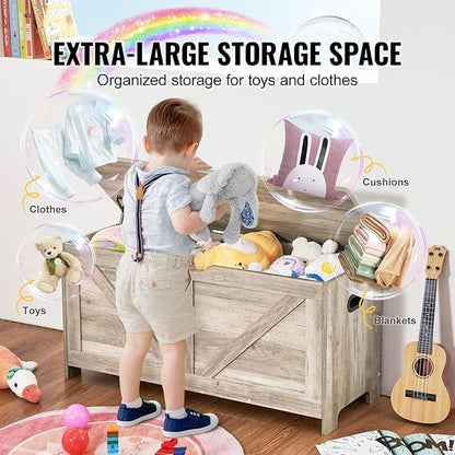 VEVOR Wooden Toy Chest for Kids, Toddler Toy Storage Box with Flip-Top Lid and Safety Hinge, 38.98 x 15.55 x 18.9 Large Kids Storage Bench for Playroom, Bedroom, Living Room or Entryway, Gray