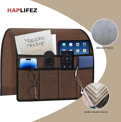 HAPLIFEZ Remote Holder for Recliner Armchair & Couch, Non Slip Sofa Armrest Organizer Caddy with 6 Pockets Thick Linen Fabric Storage for Tablet, Phone, iPad, Magazine, 19x35 Inches, Brown