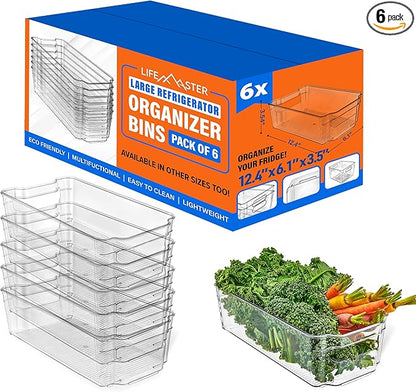 6-Piece Stackable Refrigerator Bin Organizer Set with Easy Grip Handles - Clear Multi-Purpose Storage Bins for Fridge and Pantry Use
