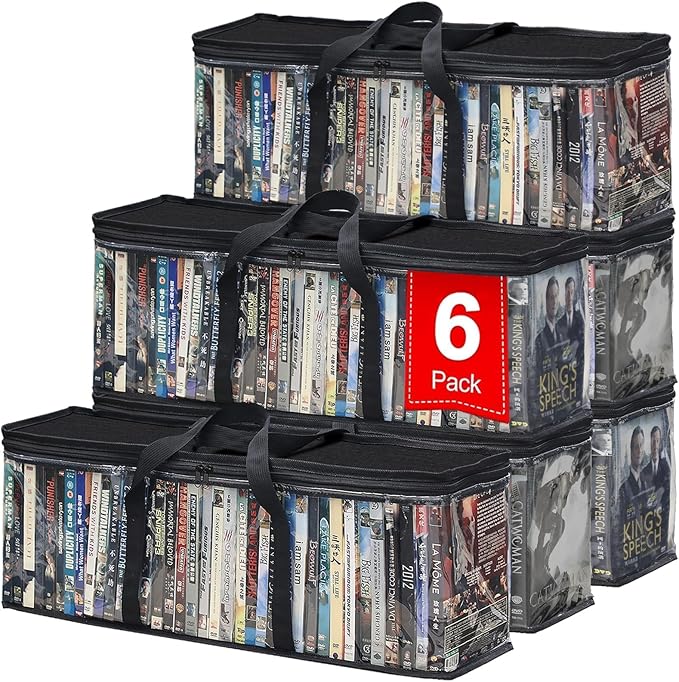 CD DVD Storage Bags 6-Pack, Clear Blu-ray Case Holder with Zipper & Handles | Holds 56 Blu-ray, 40 DVD, 96 CD Cases per Bag | Media & Video Game Storage Organizer for Movies