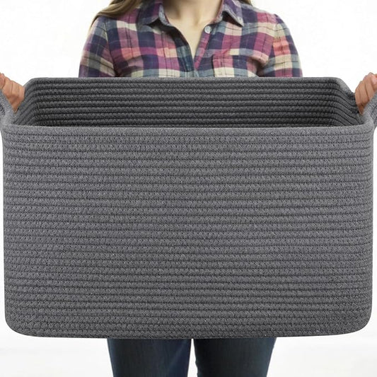 Large Toy Basket, Rectangle Woven Rope Storage Basket for Blankets, Dirty Clothes, Shoes, Nursery Organizer Bins (Dark Grey)