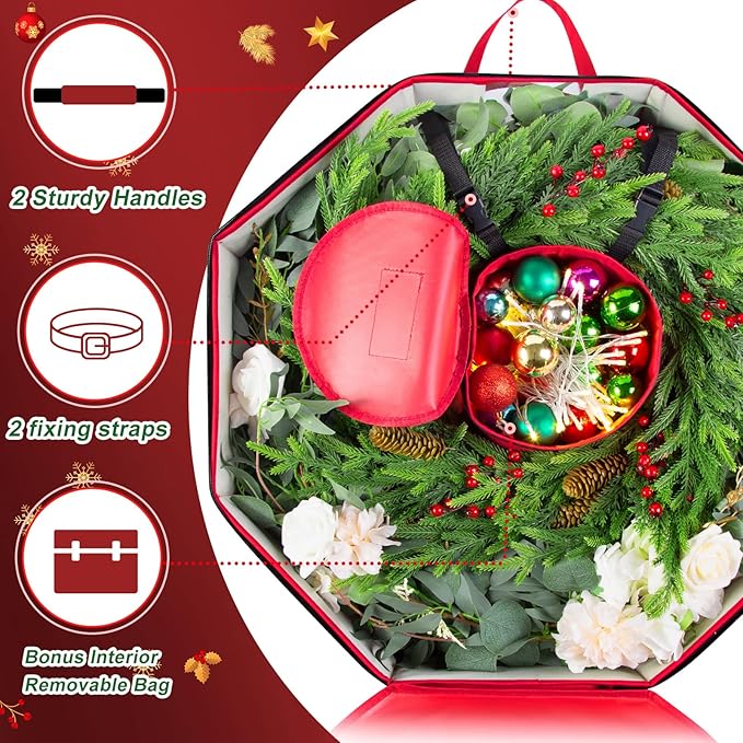 2 Pack Wreath Storage Christmas Garlands Bag with Interior Pockets Large Xmas Container Box for holiday Decorations Case with Dual Zipper and Handles Window Labeling Card Slot 24" Red
