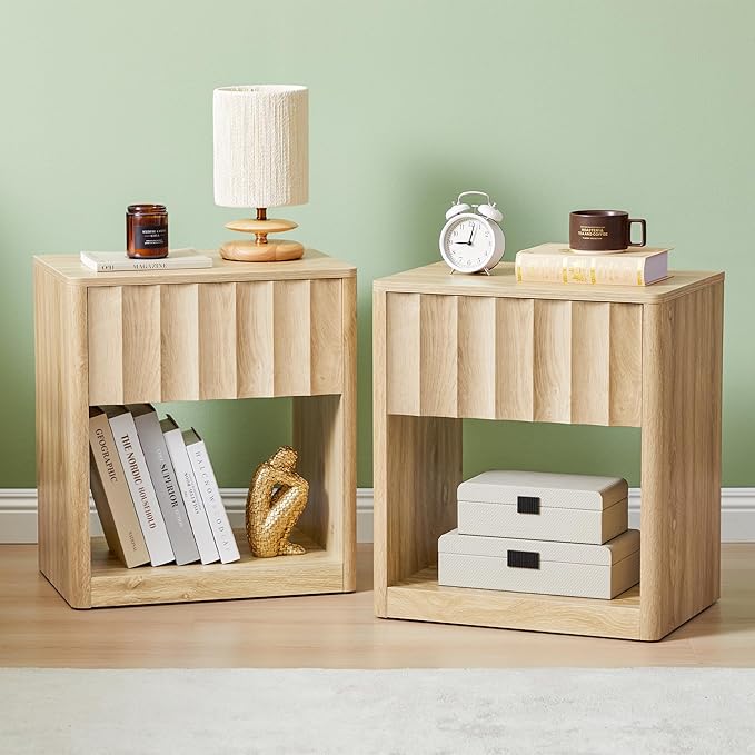 Bifins Fluted Dresser, Small Nightstands Set of 2, Natural Bedside Table with Drawer and Storage, Mid Century Modern Side Table for Bedroom Sofa