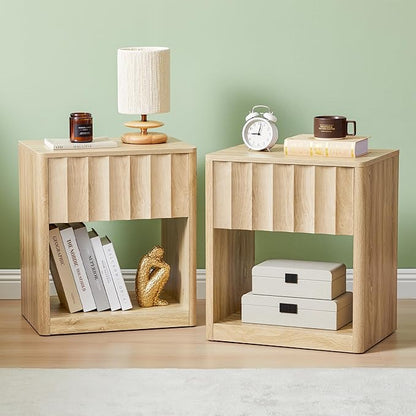 Bifins Fluted Dresser, Small Nightstands Set of 2, Natural Bedside Table with Drawer and Storage, Mid Century Modern Side Table for Bedroom Sofa