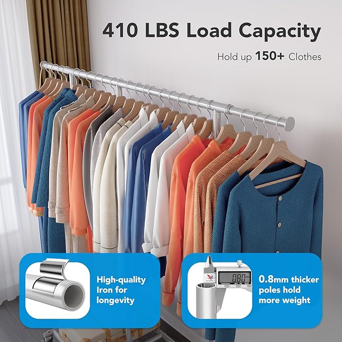 HOKEEPER Clothes Rack, Clothing Rack for Hanging Clothes Heavy Duty Garment Rack with Wheels Commercial Portable Freestanding Closet Rack with Shelves for Bedroom, Living Room, Laundry, Balcony, White
