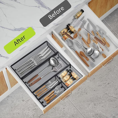 Neudeco Silverware Drawer Organizer,Utensil Organizer for Kitchen Drawer Organizer for Large Utensils with Interlocking Arm, Silverware Storage Cutlery Tray for Knives Fork Spoon (Pack 5, Black)
