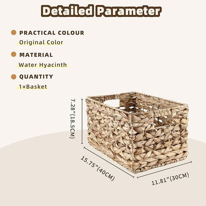 GYASVWU Rectangular Water Hyacinth Storage Basket, Wicker Baskets for Organizing,Hyacinth Baskets with Handle, Decorative Rattan Basket for Bathroom/Bedroom/Shelves/Living Room (Large)