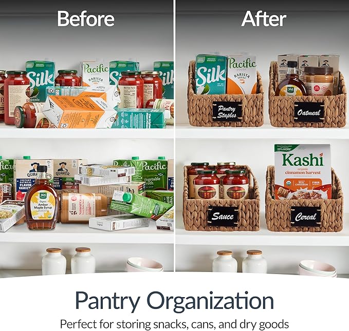 Best Choice Products Natural Hyacinth Angled Pantry Storage Baskets, Woven Wicker Storage Bins w/Handles, Storage Container Baskets for Shelves, Chalkboard Label & Marker (Pack of 2) - Chestnut