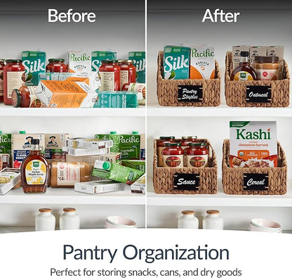 Best Choice Products Natural Hyacinth Angled Pantry Storage Baskets, Woven Wicker Storage Bins w/Handles, Storage Container Baskets for Shelves, Chalkboard Label & Marker (Pack of 2) - Chestnut