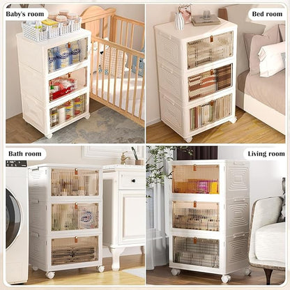 3 Tier Plastic Storage Bins with Lids 35QT, Stackable Storage Containers with Wheels, Folding Storage Boxes, Extra Large Collapsible Storage Bins, White
