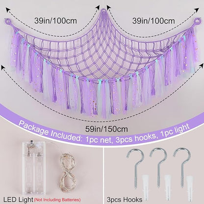 FIOBEE Stuffed Animals Net or Hammock with LED Light, Toy Hammock Hanging Stuffed Animals Storage Organizer Holder Room Décor for Nursery Kids Bedroom
