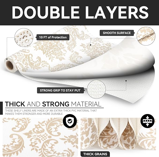 RAY STAR Shelf Liner, Non Adhesive Golden Damask Floral Cabinet Liner for Pantry Drawer, Strong Grip Non Slip Waterproof, Shelf Liners for Kitchen Cabinets Organization 12 Inch x 10 FT (2 Rolls)