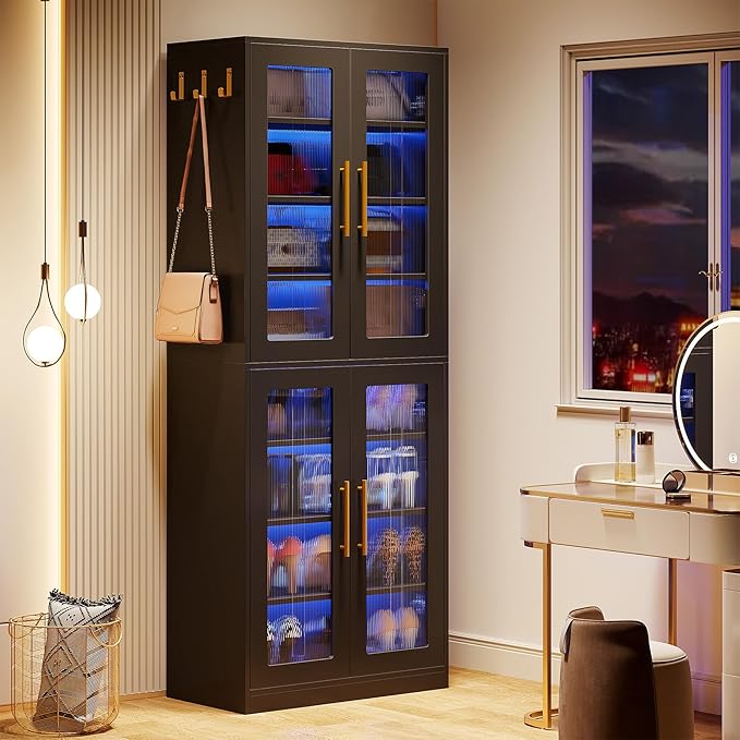 Tribesigns Black Shoe Storage Cabinet with Acrylic Doors and LED Lights, 8-Tier Tall Entryway Shoe Organizer Rack with Adjustable Shelves & Hanging Hooks for Narrow Closet, Hallway, Living Room