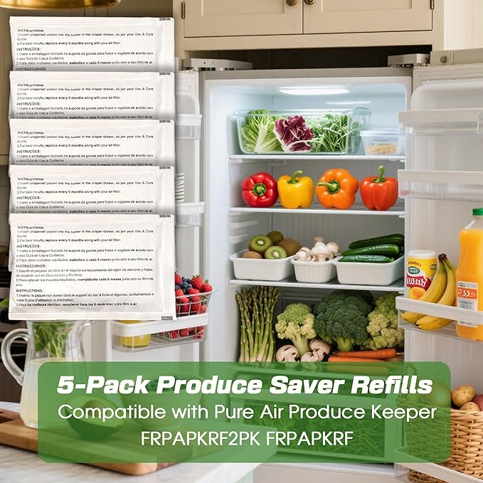 xcivi 5-Pack Produce Saver Refills Compatible with Frigidaire Pure Air Produce Keeper FRPAPKRF2PK FRPAPKRF, Fits Crisp Seal Fresh System Crisper Drawers, Refrigerator Produce Preserver Replacements