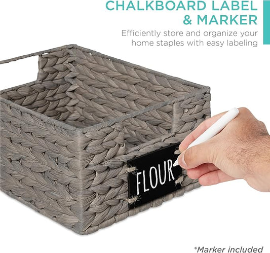 Best Choice Products Set of 4 9x12in Water Hyacinth Pantry Baskets, Woven Organizers w/Chalkboard Label, Chalk Marker - Gray