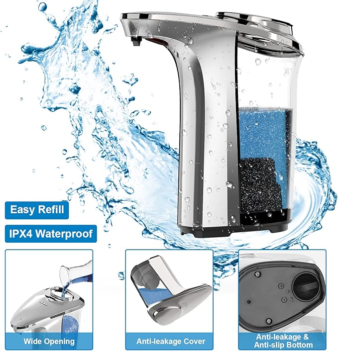 PZOTRUF Automatic Soap Dispenser, Touchless Dish Soap Dispenser 17oz/500ml with Infrared Sensor, 5 Adjustable Soap Levels, Liquid Dispenser for Bathroom Kitchen (Silver)