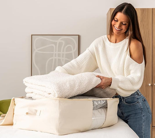 Soft Canvas Storage Bags with Zipper. Thick Breathable, 1pc King/Queen Comforter Organizer. Four Carrying Handles and Window. Large 25x19x9in Bag for Sheets Blankets Bedding Pillows, Clothes