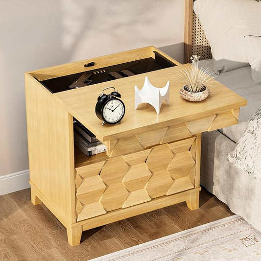 BROTTAR 24" Wide Night Stand with Gun Drawer, Modern Fluted Bedside Table with Unique 3-Dimensional Craft, Wood Sofa Couch End Side Table for Bedroom Office, Natural
