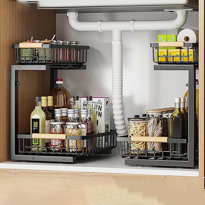 2 Pack 2 Tiers Pull Out Under Sink Organizers, Metal Kitchen Storage Shelf, Pull Out Under Sink Storage Rack, Multi-purpose Under Sink Shelf Organizer for Under Sink Cabinet Bathroom Kitchen (Black)