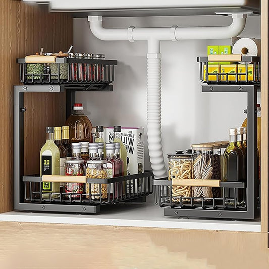 2 Pack 2 Tiers Pull Out Under Sink Organizers, Metal Kitchen Storage Shelf, Pull Out Under Sink Storage Rack, Multi-purpose Under Sink Shelf Organizer for Under Sink Cabinet Bathroom Kitchen (Black)