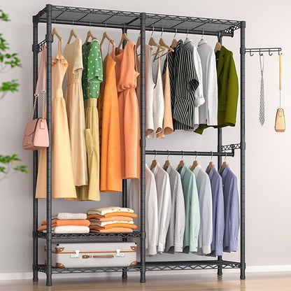 Heavy Duty Garment Rack, Metal Freestanding Closet Wardrobe Clothes Racks for Hanging Clothes, 4 Tiers Adjustable Wire Shelving, 44.9'' L x 16.5'' W x 76.8 '' H, Max Load 800LBS, Black