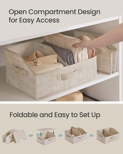 SONGMICS Set of 6 Storage Baskets, Foldable Storage Bins, Fabric Boxes, 15.7 x 11.8 x 7.9 Inches, Closet Storage Organizers, 3 Handles, for Bedroom, Living Room, Summer Sand URFB0140K01