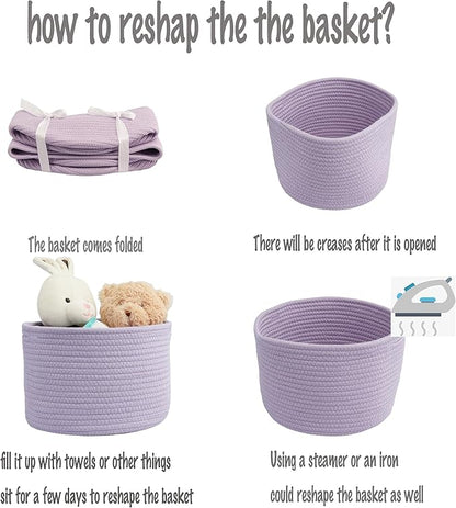 Small round Storage Basket - 3-Pack Round Cube Bins (10x10x7'') for Shelves, Closets & Bookcases | Durable Rope Organizers for Nursery, Baby, Toys, Easter & More (purple)