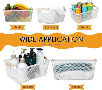 4 Pcs Metal Wire Basket with Wooden Handles Mesh Steel Storage Organizer Bin Containers for Home Organizing Cabinet Pantry Closet Kitchen Fridge Fruit Makeup Snacks Gifts(Large,Cream White)
