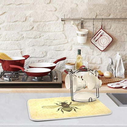 Chic Retro Art Honeycomb Bee Microfiber Dish Drying Kitchen Countertop Table Protector Multipurpose Counter Rack Sink Drainer Pad (16" x 18")