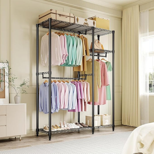 Portable Clothes Rack Heavy Duty Garment Rack, Large Freestanding Closet Wardrobe with Adjustable Shelves & 3 Hanging Rods, Closet Organizer and Storage for Bedroom Cloakroom, 76.5"H x 41.6"L x 15.5"W