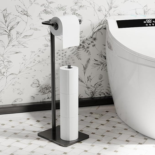 RUACQ Toilet Paper Holder Stand, Bathroom Toilet Paper roll Holder Free Standing with Storage for 4 Rolls, Post Pivoting Design, Stable Weighted Base, SUS304 Stainless Steel (Matte Black)